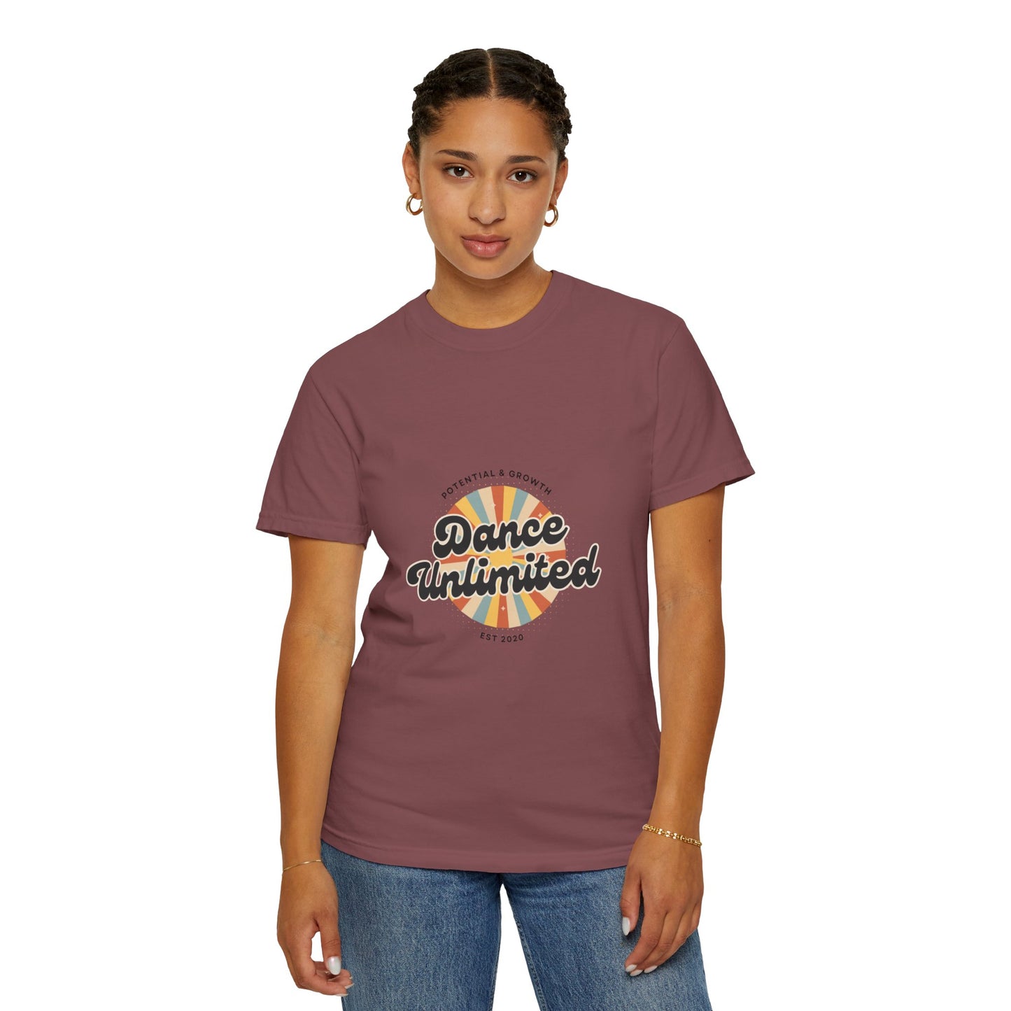 "Dance Unlimited, Potential & Growth" Unisex Garment-Dyed T-Shirt – Retro-Inspired Dance Motivation Graphic Tee – Inspirational Shirt for Dancers"