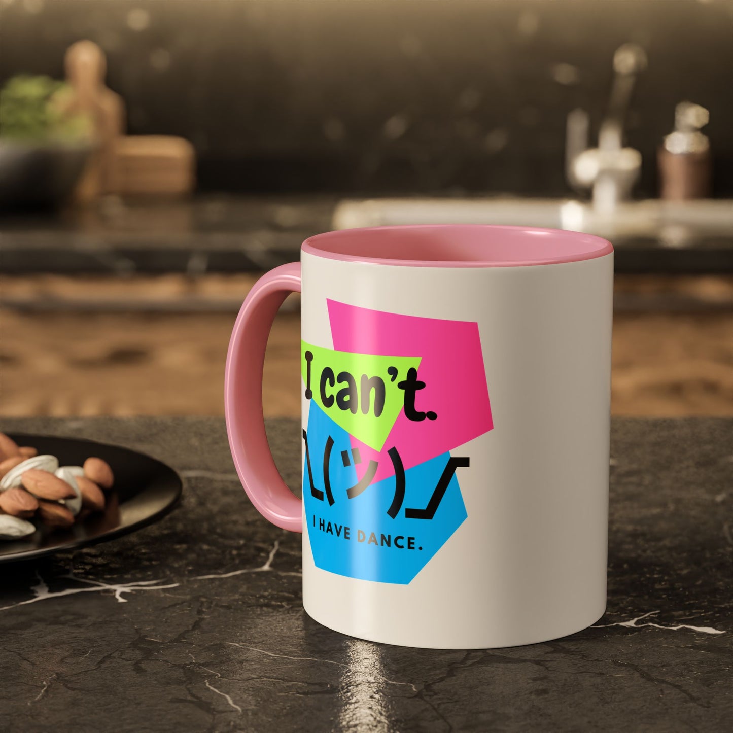 “I Can’t. I Have Dance Mug.” with Colored Handles – Bold 80s Retro Dance Graphic Coffee Cup