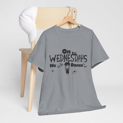 “On Wednesdays We Dance” Gothic Halloween T-Shirt with Cute Girl, Black Cat, Spiders & Bats - Unisex Heavy Cotton Tee