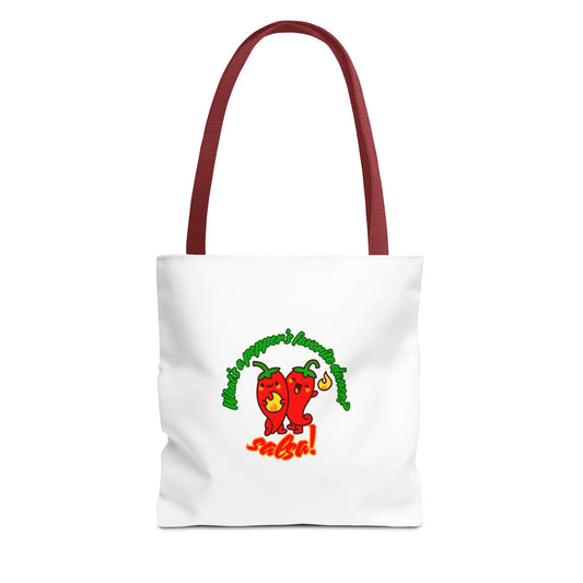 “What’s a Pepper’s Favorite Dance? Salsa!” Salsa Dance Pun Tote Bag – Funny Kawaii Pepper Graphic Canvas Bag for Dancers & Food Lovers