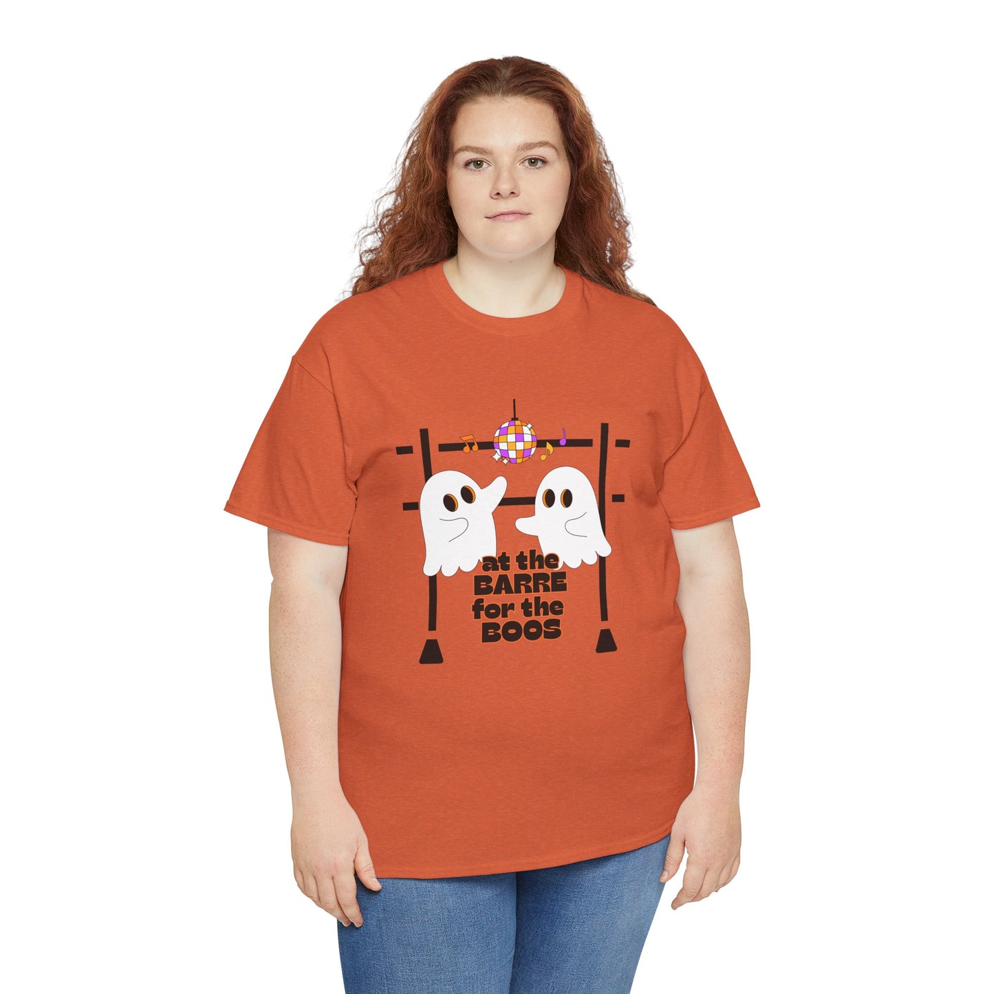 “At the Barre for the Boos” Dance Halloween T-Shirt with Cute Ghost Ballet Graphics - Unisex Heavy Cotton Tee