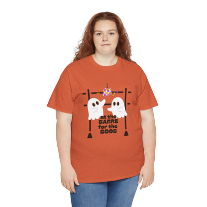 “At the Barre for the Boos” Dance Halloween T-Shirt with Cute Ghost Ballet Graphics - Unisex Heavy Cotton Tee