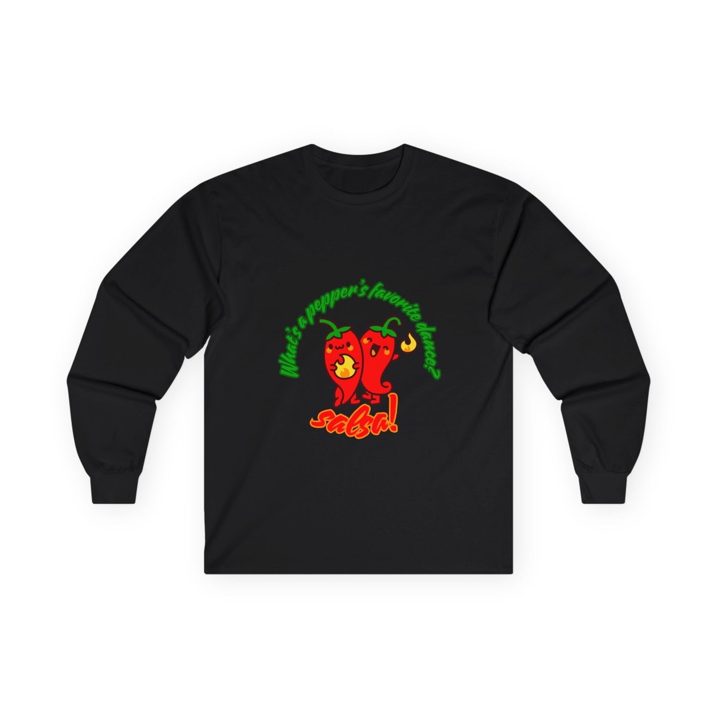 "What’s a Pepper’s Favorite Dance? Salsa!" Unisex Long Sleeve Tee – Funny Dance Pun Shirt with Cute Pepper Graphic for Dancers & Food Lovers