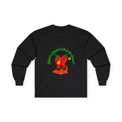 "What’s a Pepper’s Favorite Dance? Salsa!" Unisex Long Sleeve Tee – Funny Dance Pun Shirt with Cute Pepper Graphic for Dancers & Food Lovers