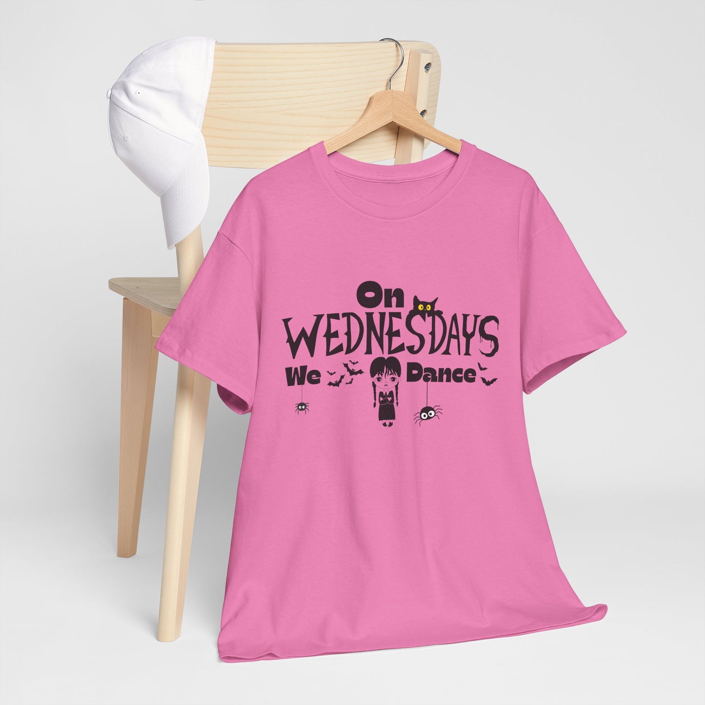 “On Wednesdays We Dance” Gothic Halloween T-Shirt with Cute Girl, Black Cat, Spiders & Bats - Unisex Heavy Cotton Tee