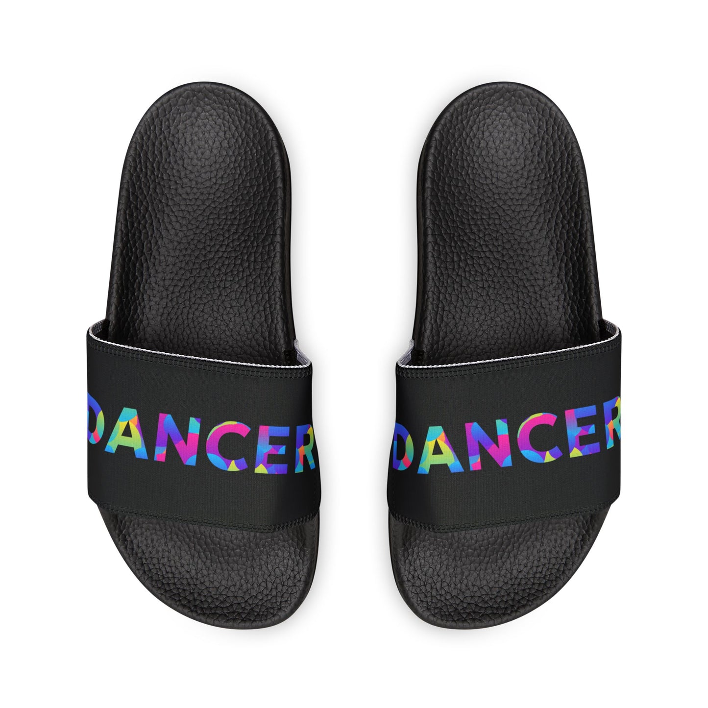 MEN'S SIZES - “Dancer” Colorful Text – Dance-Inspired Custom Slides with Removable Straps | Men’s Sandal Slides