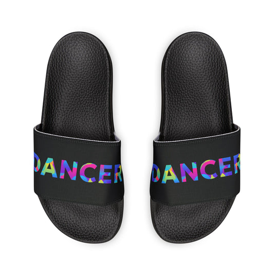 MEN'S SIZES - “Dancer” Colorful Text – Dance-Inspired Custom Slides with Removable Straps | Men’s Sandal Slides