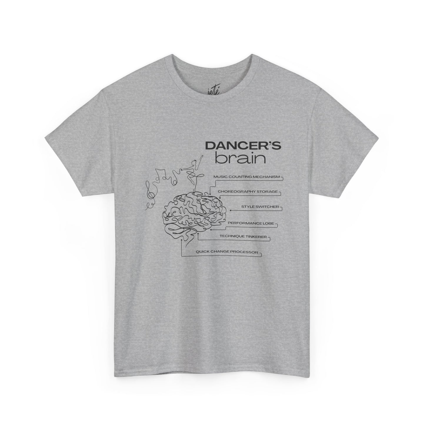 “Dancer’s Brain” Funny Dance Anatomy T-Shirt – Unisex Heavy Cotton Tee with Cute Dancer Brain Diagram and Optional Back Personalization