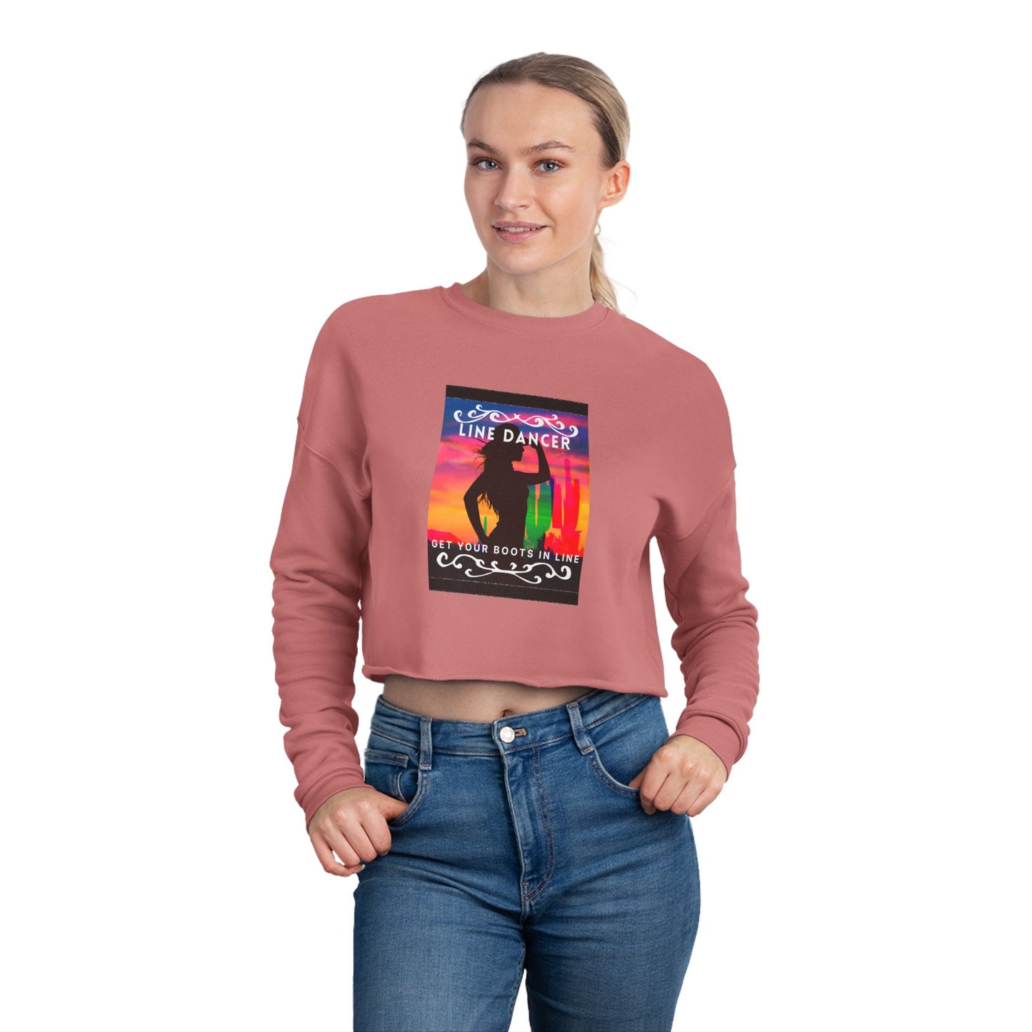 "Line Dancer, Get Your Boots in Line" Western-Inspired Graphic – Women’s Cropped Fleece Sweatshirt