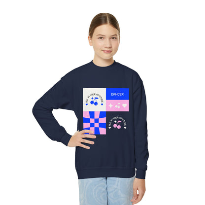 "Dancer – All in Your Attitude" Youth Crewneck Sweatshirt | Retro Dance Graphic Kids Pullover for Confident Movers