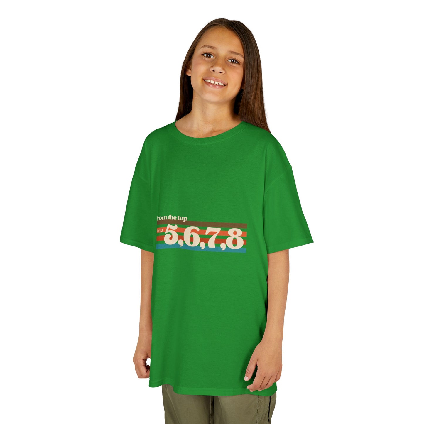 “From the Top and 5, 6, 7, 8” Youth Short Sleeve Tee – Retro Graphic Dance Shirt for Kids and Young Performers