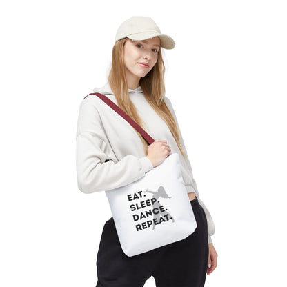 "Eat Sleep Dance Repeat" Canvas Tote Bag – Gray Dancer Silhouette Dance-Themed Reusable Shoulder Bag for Dancers, Studio, or Everyday Use