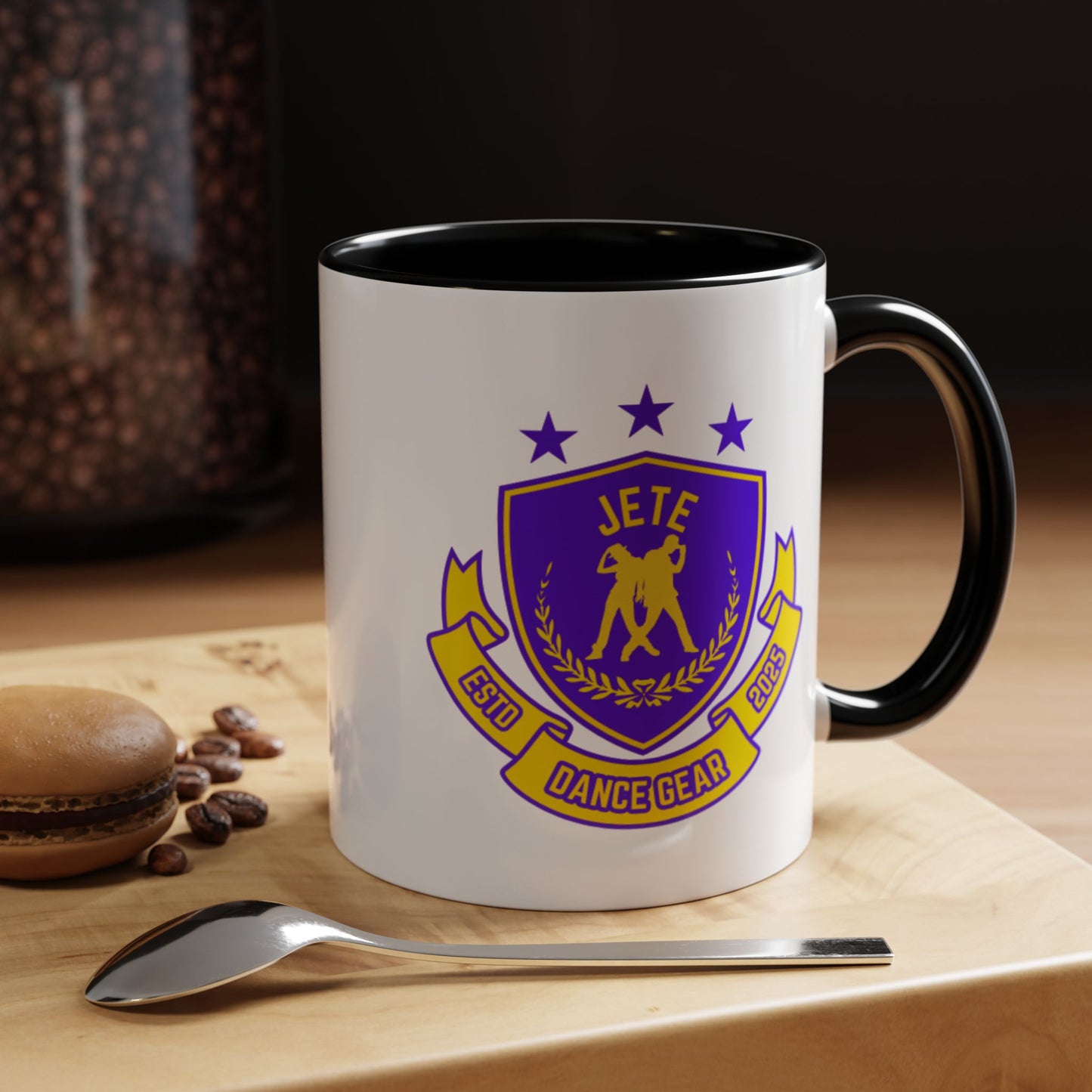"Jeté Dance Gear Estd 2025" Accent Coffee Mug – Collegiate Style Ceramic Mug for Dancers and Studio Pride