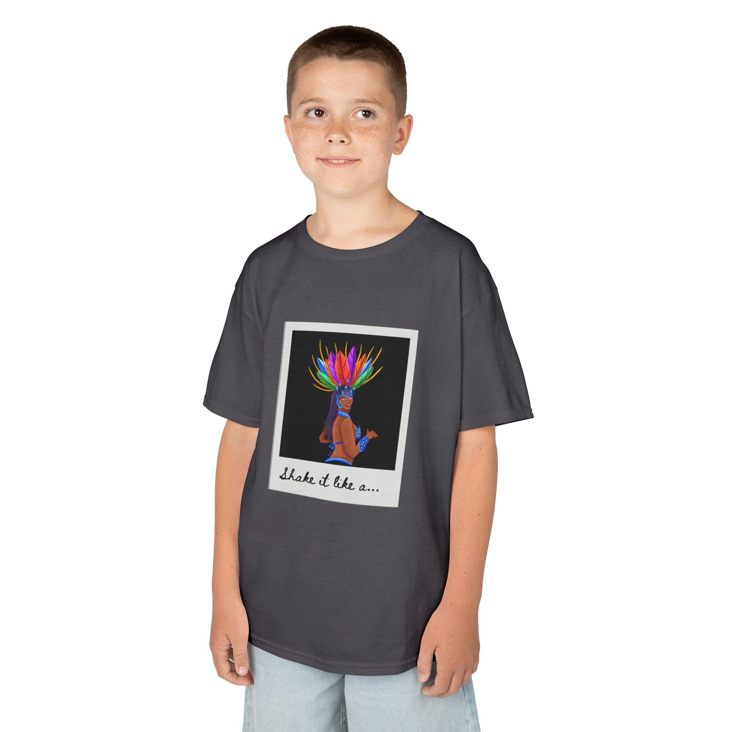 "Shake It Like a..." Youth Short Sleeve Tee – Carnival-Inspired Samba Dancer Graphic Dance Shirt for Kids