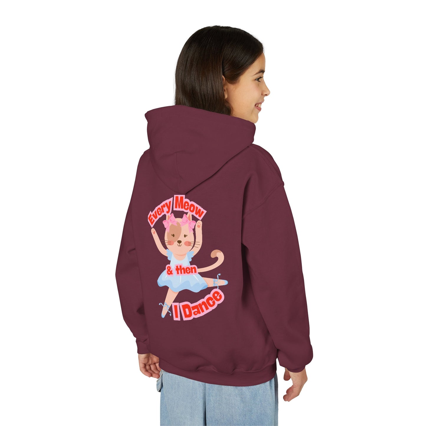“Every Meow & Then I Dance” Adorable Dancing Cat Graphic | Cute Cat Dance Hoodie for Kids & Young Ballet Enthusiasts - Unisex Youth Hoodie
