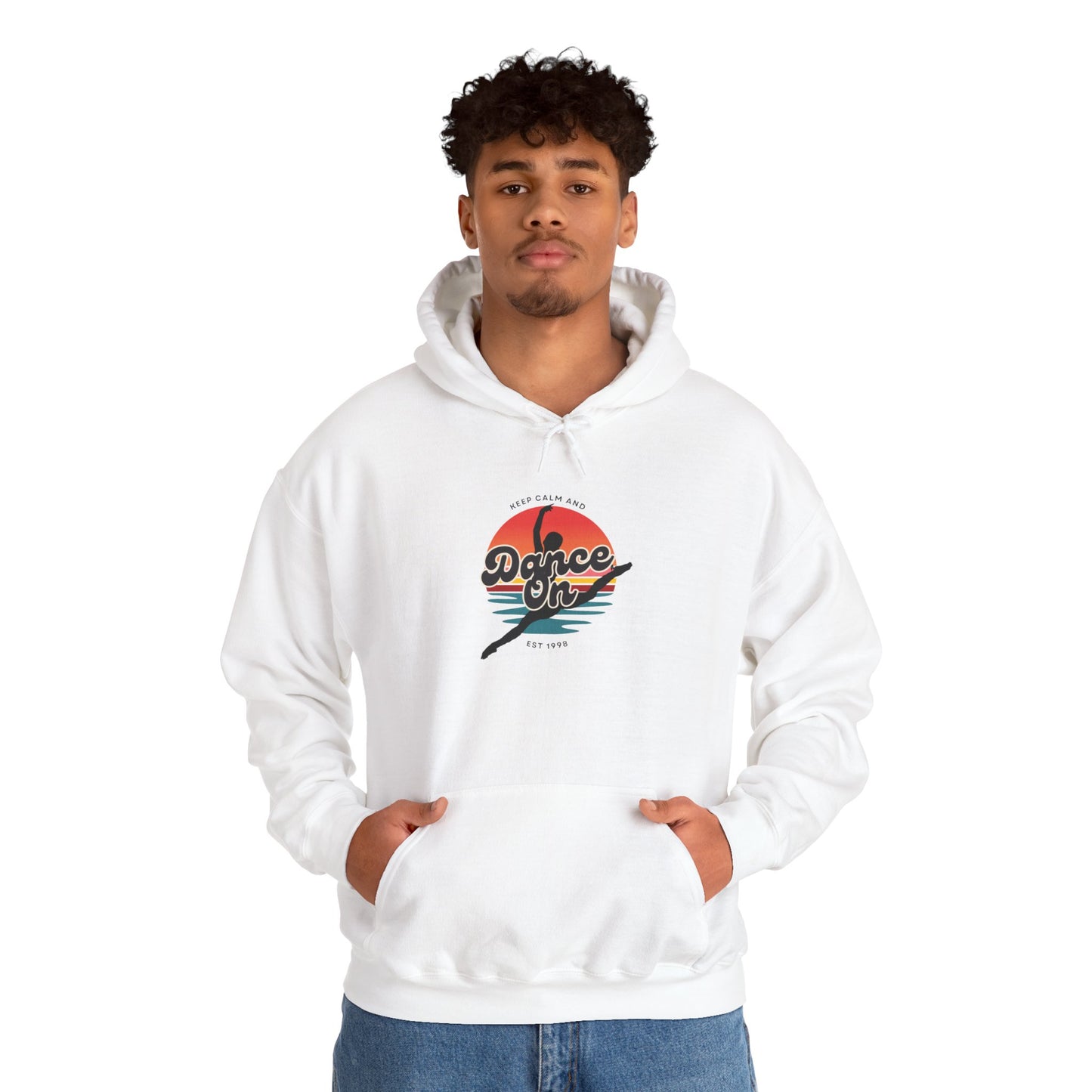 “Keep Calm and Dance On” Retro Hoodie – Unisex Dance-Inspired Hooded Sweatshirt for Dancers & Movement Lovers