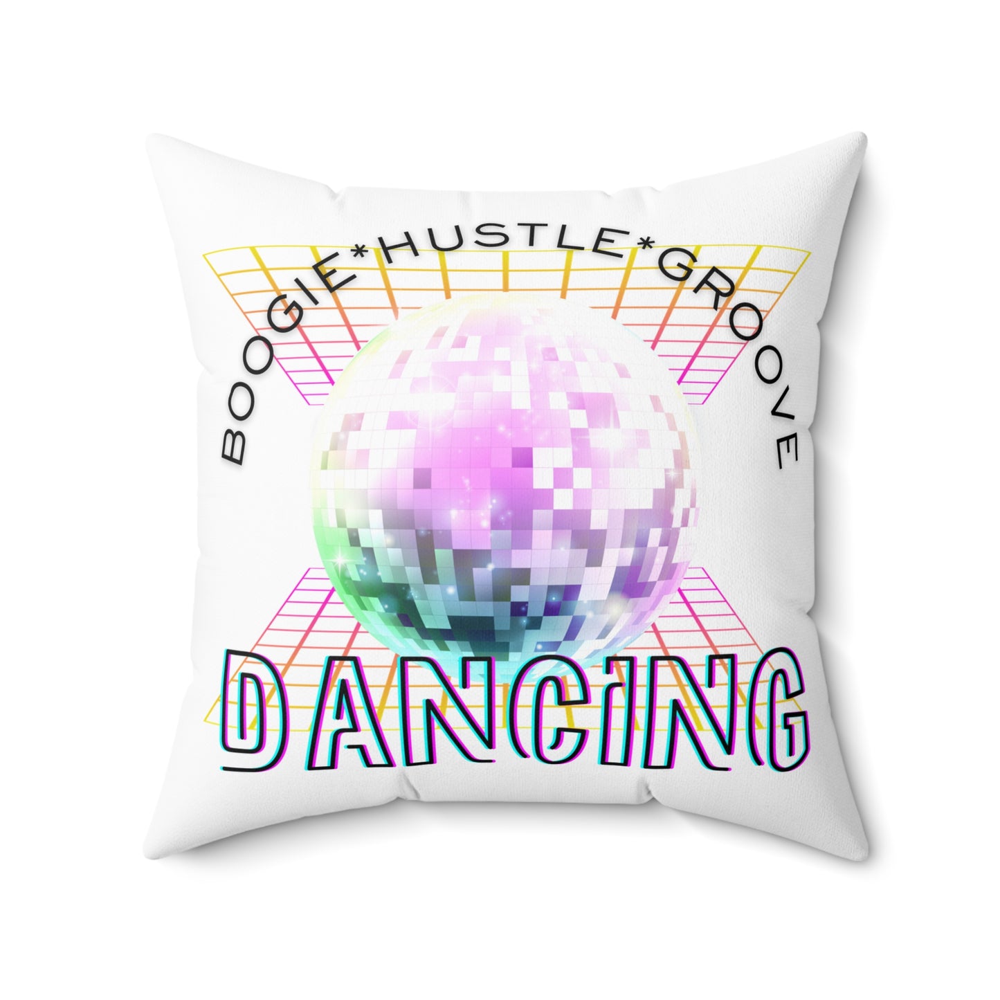 "Boogie Hustle Groove Dancing" Pillow – Retro 70s Disco Dance Square Throw Pillow with Funky Graphic