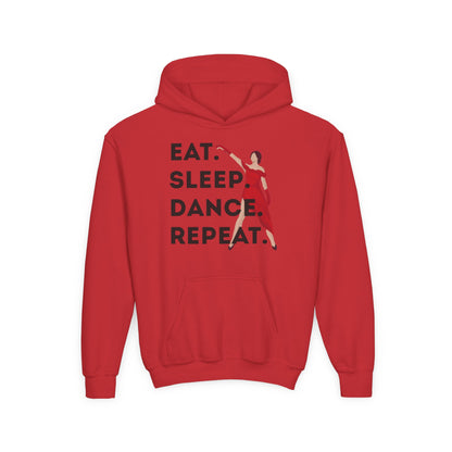 "Eat Sleep Dance Repeat" Youth Hooded Sweatshirt – Bold Dancer Graphic Fleece Hoodie for Kids and Teens