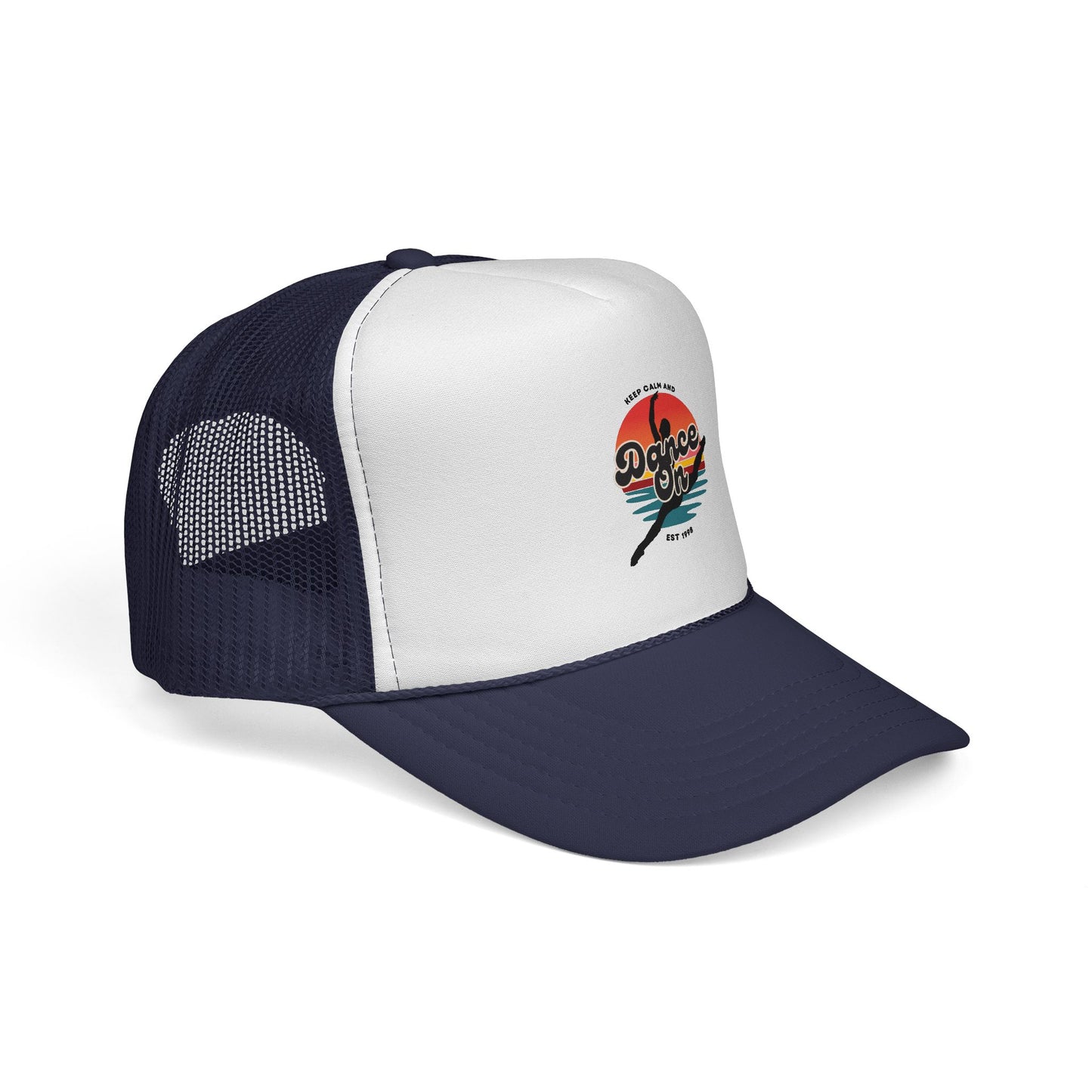 "Keep Calm and Dance On" Trucker Hat – Retro Dancer Graphic Unisex Cap for Dance Lovers | Fun Dance-Themed Hat for Everyday Style & Gifts
