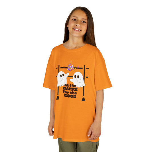 “At the Barre for the Boos” Halloween Dance T-Shirt with Cute Ghost Ballet Graphics - Kids Heavy Cotton™ Tee
