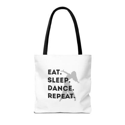 "Eat Sleep Dance Repeat" Canvas Tote Bag – Gray Dancer Silhouette Dance-Themed Reusable Shoulder Bag for Dancers, Studio, or Everyday Use