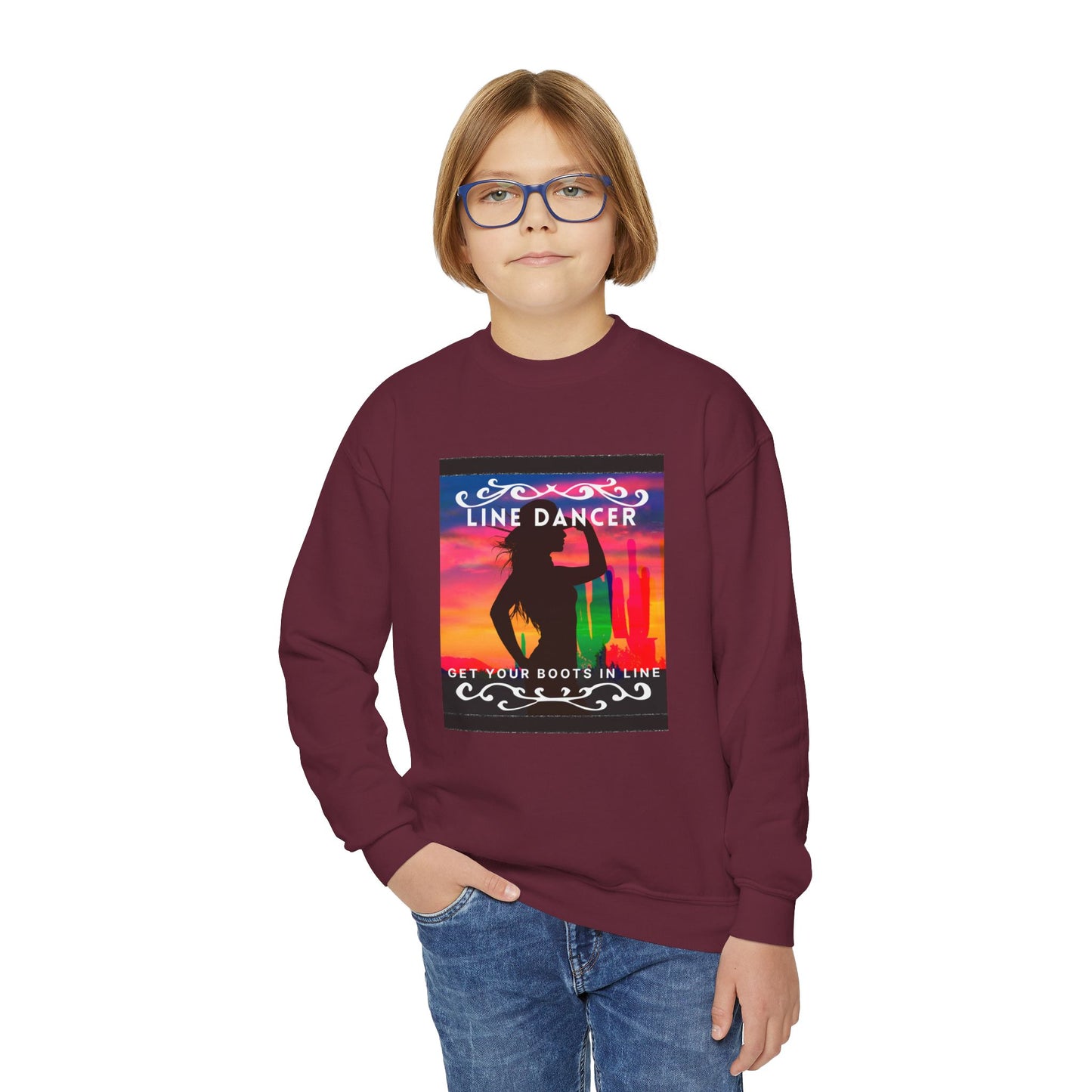 "Line Dancer, Get Your Boots in Line!" Youth Crewneck Sweatshirt – Western-Inspired Dance Graphic – Country Dance Pullover for Kids