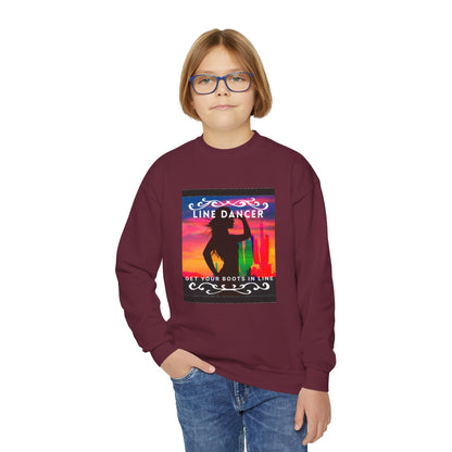 "Line Dancer, Get Your Boots in Line!" Youth Crewneck Sweatshirt – Western-Inspired Dance Graphic – Country Dance Pullover for Kids