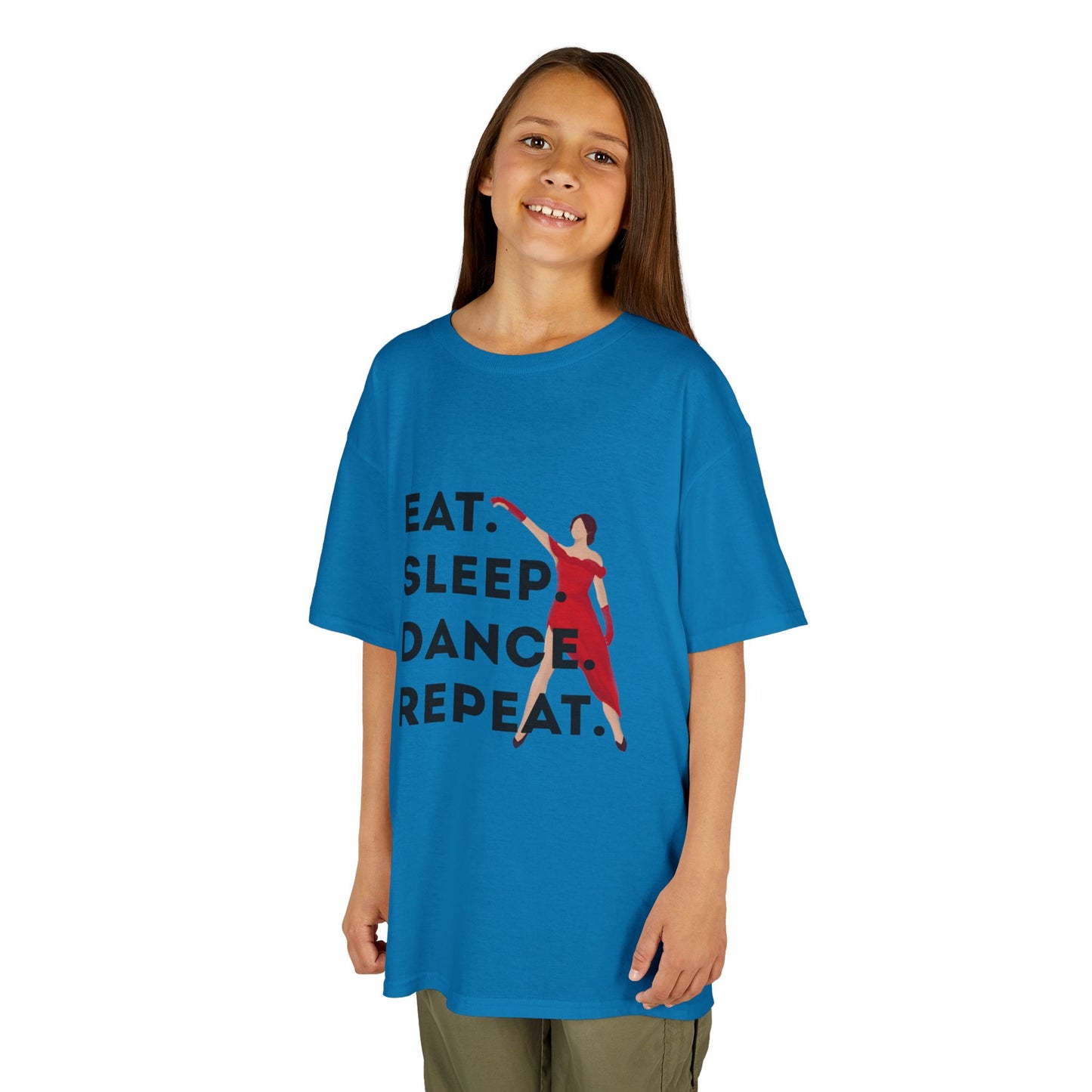 "Eat Sleep Dance Repeat” Youth Short Sleeve Tee – Bold Dancer Graphic Dance Shirt for Kids and Young Performers