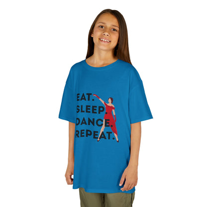 "Eat Sleep Dance Repeat” Youth Short Sleeve Tee – Bold Dancer Graphic Dance Shirt for Kids and Young Performers