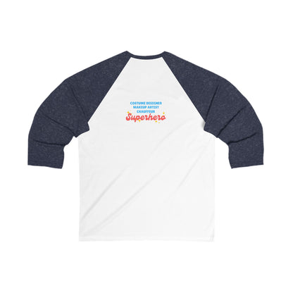"Dance Mom" Unisex 3/4 Sleeve Baseball Tee – Bold Floral Dancer Graphic Front & Superhero Role List Back | Dance Parent Shirt for Performances and Competitions