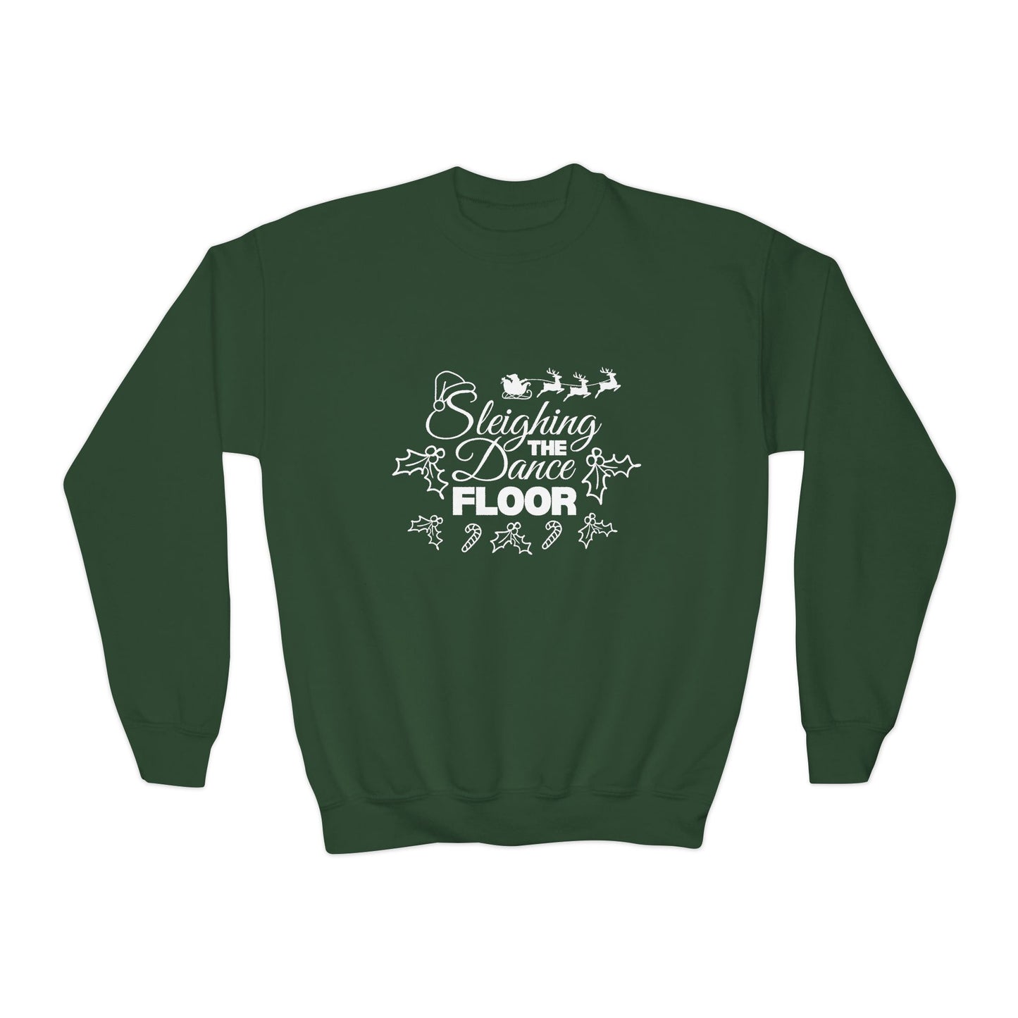 “Sleighing the Dance Floor” YOUTH SWEATSHIRT  Crewneck with Santa’s Sleigh and Reindeer – Festive Christmas Dance Sweatshirt for Kids and Young Dancers
