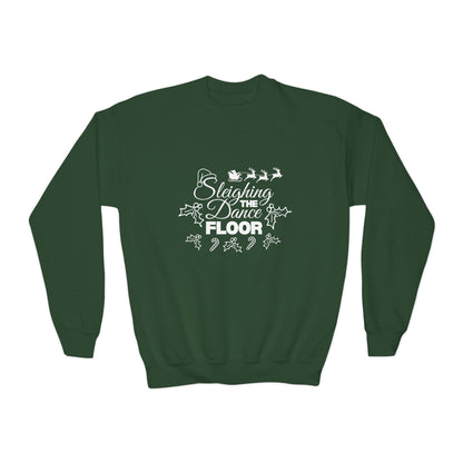 “Sleighing the Dance Floor” YOUTH SWEATSHIRT  Crewneck with Santa’s Sleigh and Reindeer – Festive Christmas Dance Sweatshirt for Kids and Young Dancers