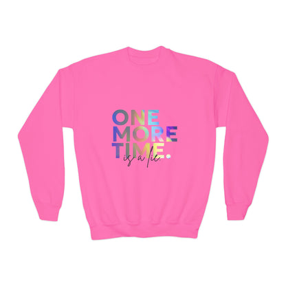 "One More Time Is a Lie" – Funny Dance Youth Crewneck Sweatshirt | Retro Kids Dancer Pullover