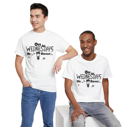 “On Wednesdays We Dance” Gothic Halloween T-Shirt with Cute Girl, Black Cat, Spiders & Bats - Unisex Heavy Cotton Tee