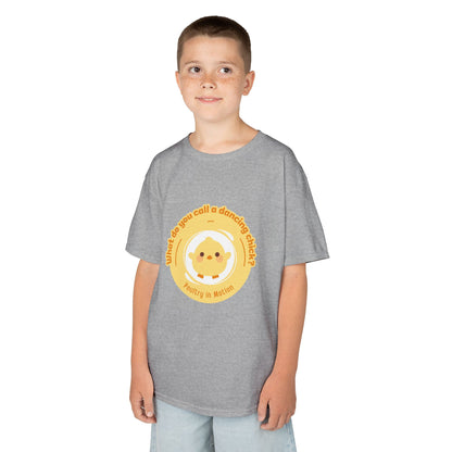 “What do you call a dancing chick? Poultry in Motion” Funny Chick Dance Tee for Kids – Cute Chicken Graphic - Youth Dance Pun T-Shirt