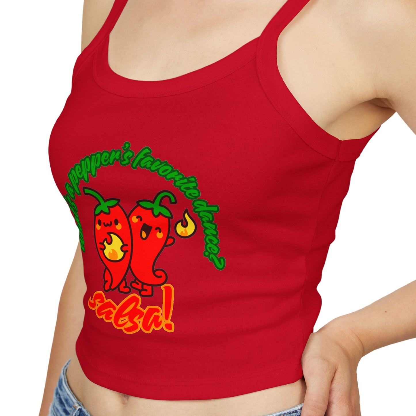 "What’s a Pepper’s Favorite Dance? Salsa!" Women’s Spaghetti Strap Tank Top – Cute Pepper Graphic | Funny Dance Pun Shirt for Dancers & Food Lovers