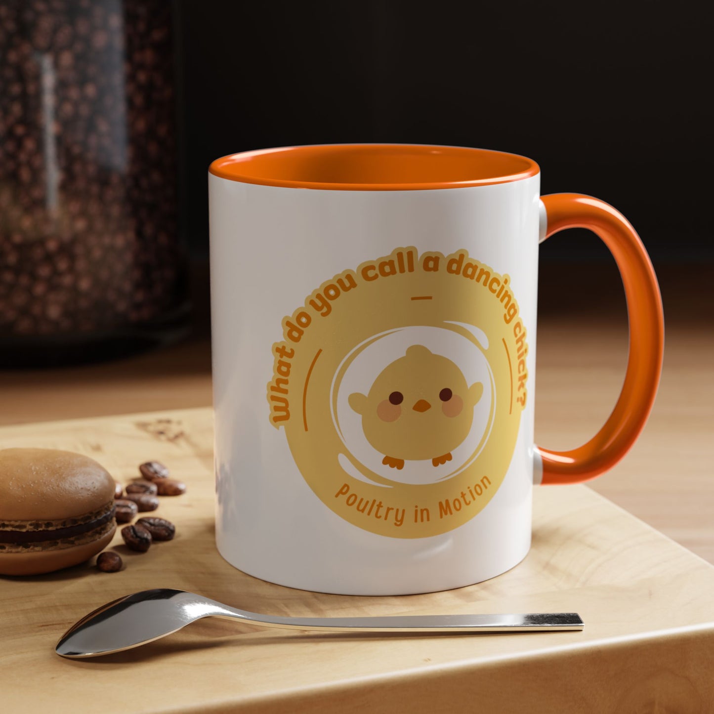"What Do You Call a Dancing Chick? Poultry in Motion" Accent Coffee Mug – Funny Dance Pun Ceramic Mug for Dancers and Chick Enthusiasts