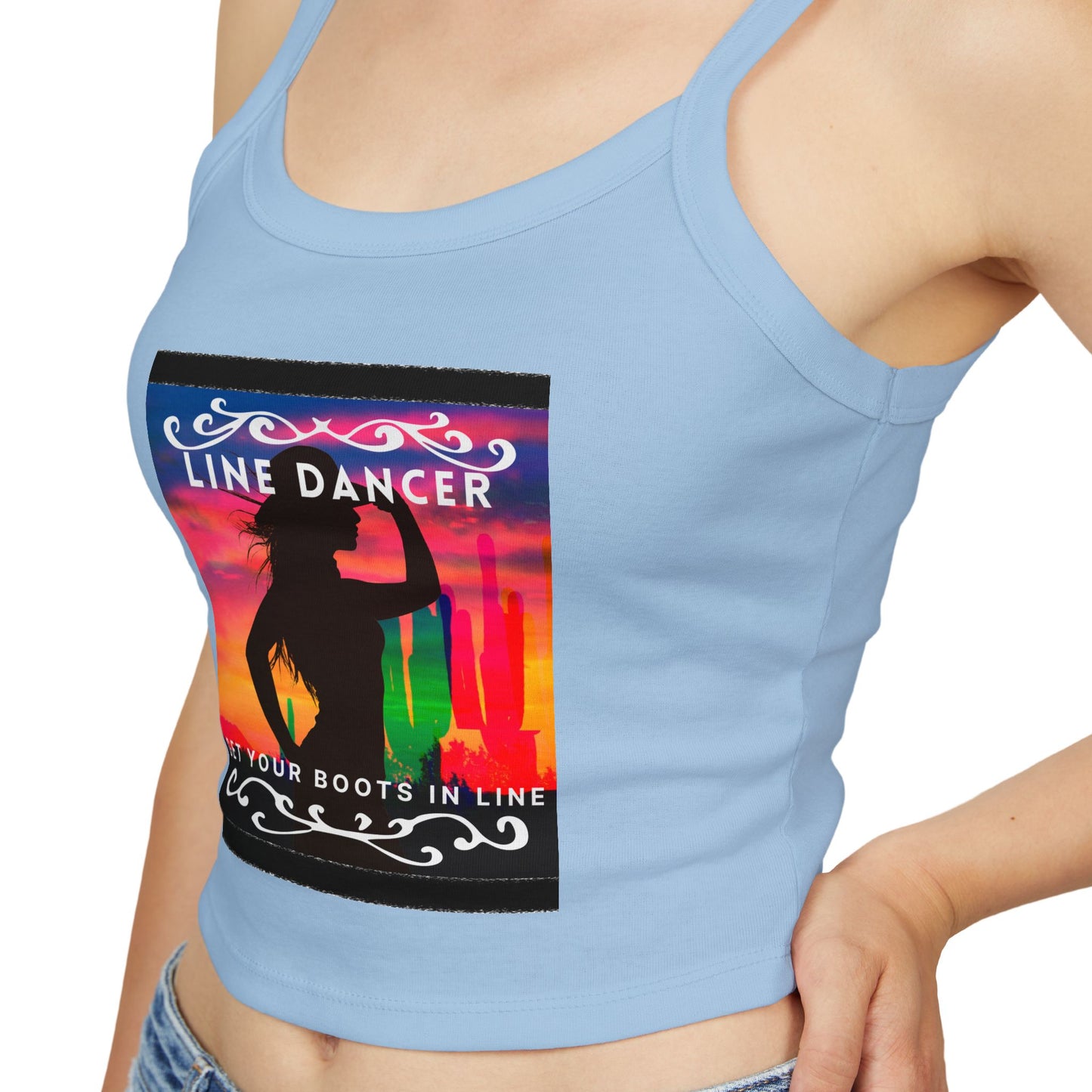 "Line Dancer" Spaghetti Strap Tank Top – Western-Inspired Country Dance Graphic – 'Get Your Boots in Line' Women's Dance Tank