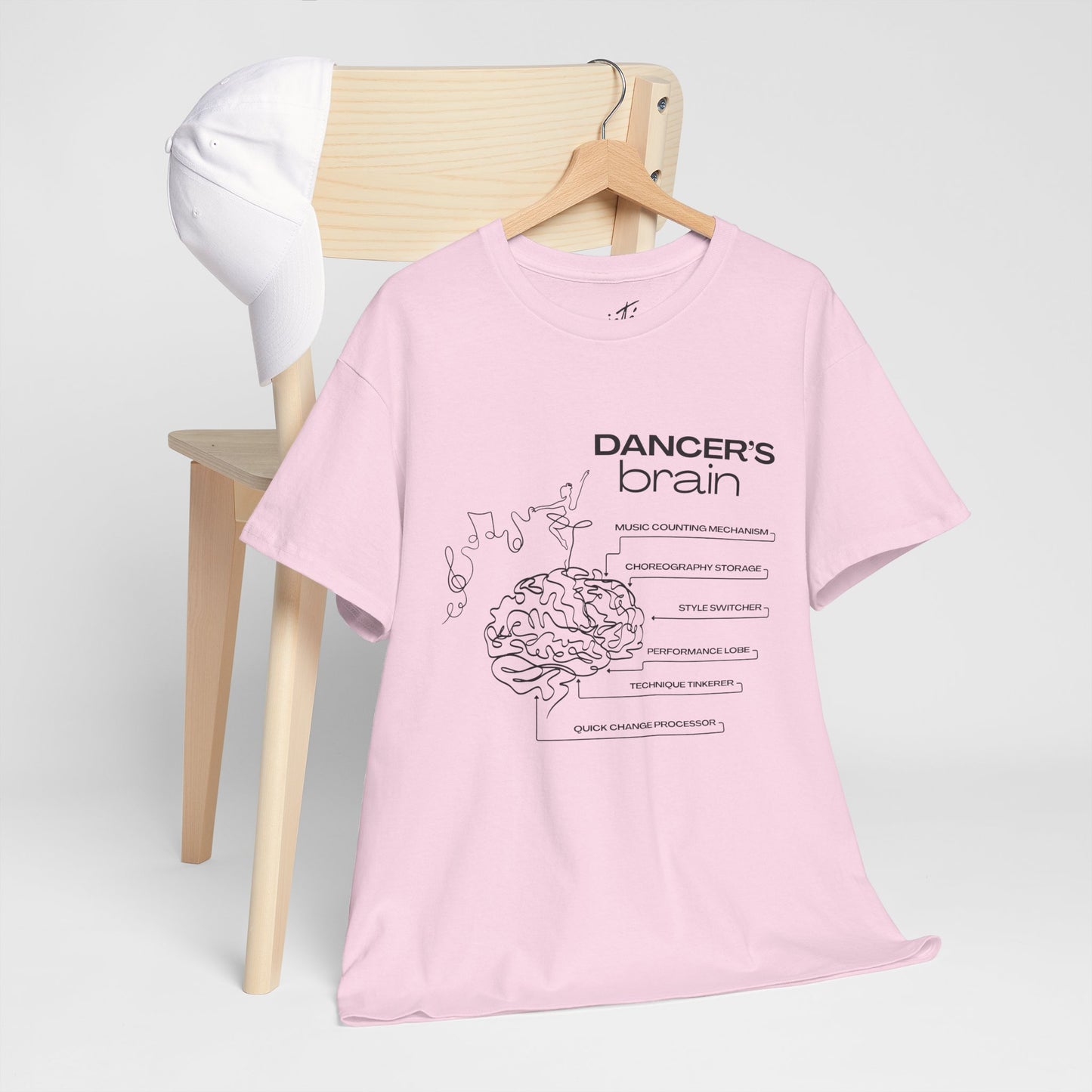 “Dancer’s Brain” Funny Dance Anatomy T-Shirt – Unisex Heavy Cotton Tee with Cute Dancer Brain Diagram and Optional Back Personalization