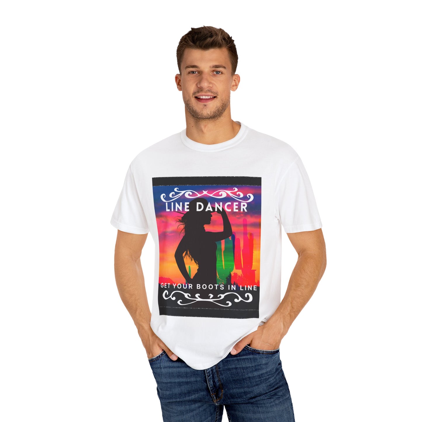 "Line Dancer" Unisex Garment-Dyed T-Shirt – Western Country Dance Graphic Tee – 'Get Your Boots in Line' Cowboy-Inspired Shirt