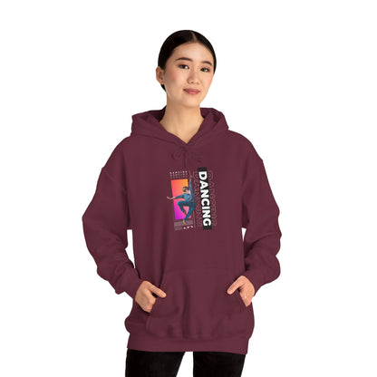“Dancing” Text with Streetwear-Style Male Dancer Graphic – Unisex Heavy Blend™ Hooded Sweatshirt – Cozy Dance Hoodie for Performers & Dance Enthusiasts