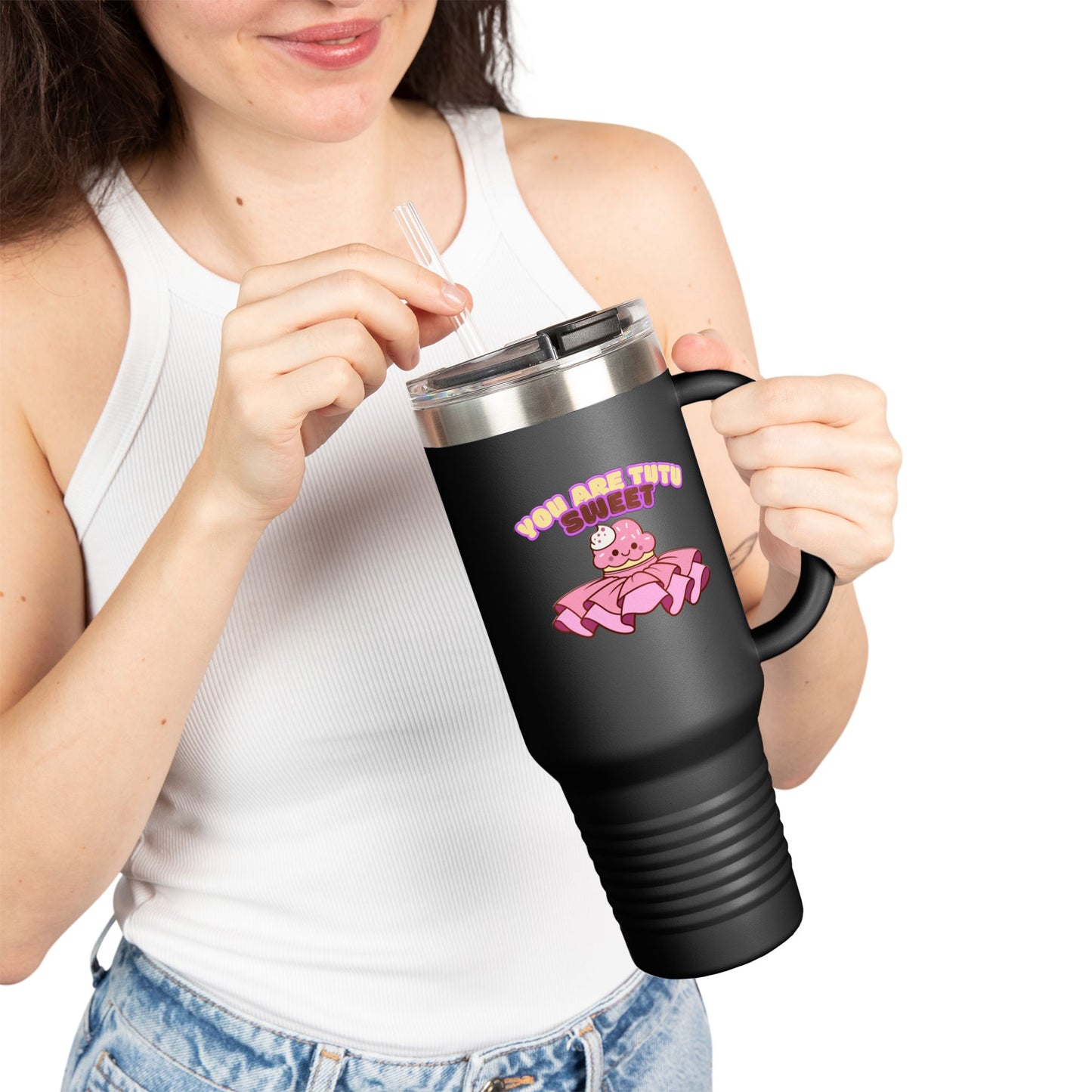 "You Are Tutu Sweet" 40oz Insulated Travel Mug – Cute Kawaii Cupcake Dance-Themed Stainless Steel Tumbler with Handle | Ballet Gift for Dancers & Dance Moms