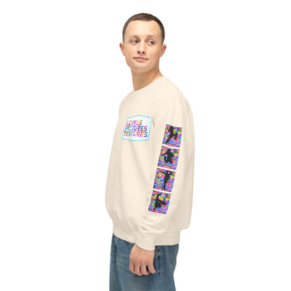 Levels Premium Collection Dance Crewneck Sweatshirt – Vibrant Unisex Streetwear Pullover with "Levels Pictures Textures" Front Text and Dancer Silhouettes on Sleeves