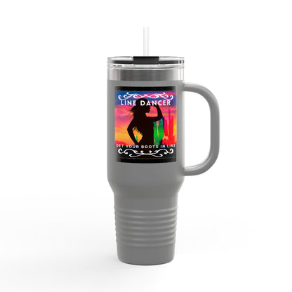 "Line Dancer, Get Your Boots In Line" 40oz Insulated Travel Mug – Cowgirl Dance-Themed Tumbler for Country Western Lovers