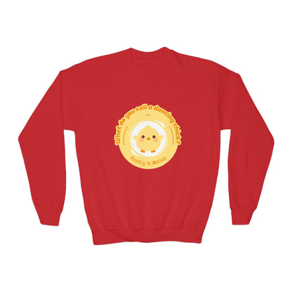 "What do you call a dancing chick? Poultry in Motion." – Funny Dance Pun Youth Crewneck Sweatshirt | Cute Dancing Chicken Kids Pullover