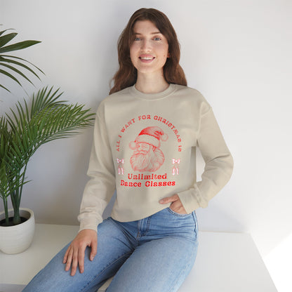 “All I Want for Christmas Is Unlimited Dance Classes” ADULT SWEATSHIRT Unisex Heavy Blend Crewneck with Vintage Santa – Festive Holiday Dance Sweatshirt for Dancers & Studios
