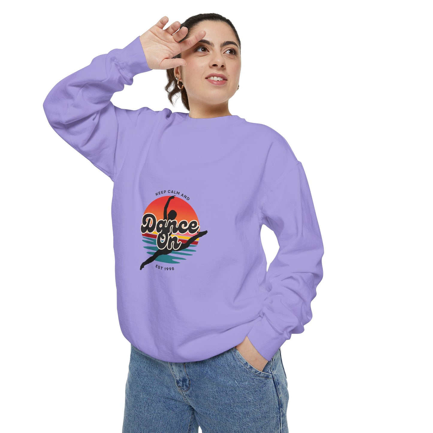 "Keep Calm and Dance On" Unisex Lightweight Crewneck Sweatshirt – Retro-Inspired Dance Graphic Pullover for Dancers & Movement Lovers