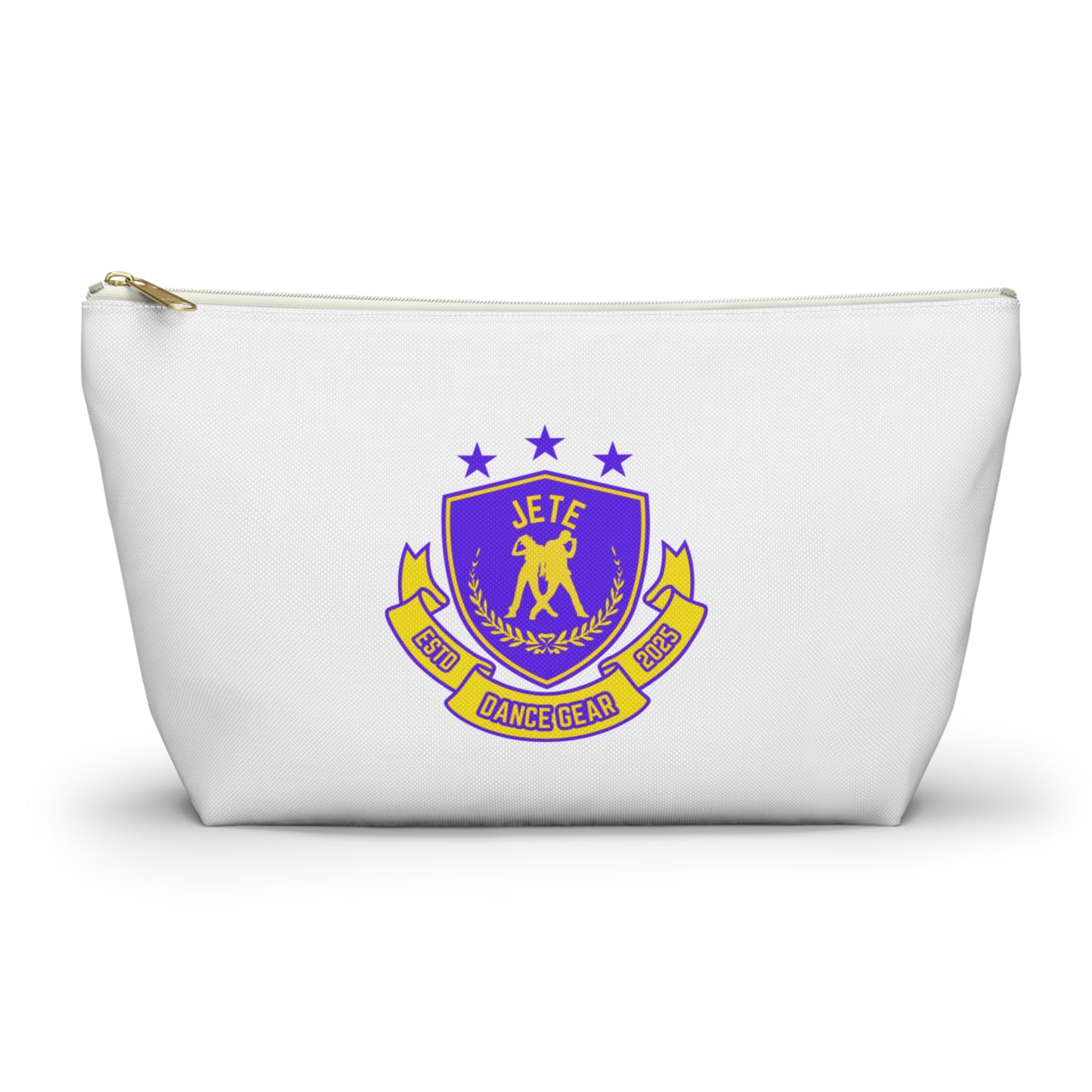 “Jeté Dance Gear" Makeup Bag – Colorful Collegiate-Inspired Dance Graphic – Stylish Zipper Pouch for Cosmetics, Accessories & Team Essentials