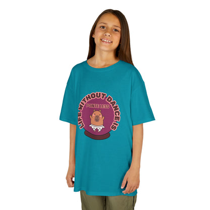 "Life Without Dance Is Pointeless" Youth Dance T-Shirt – Cute Capybara Ballerina Graphic Tee for Kids