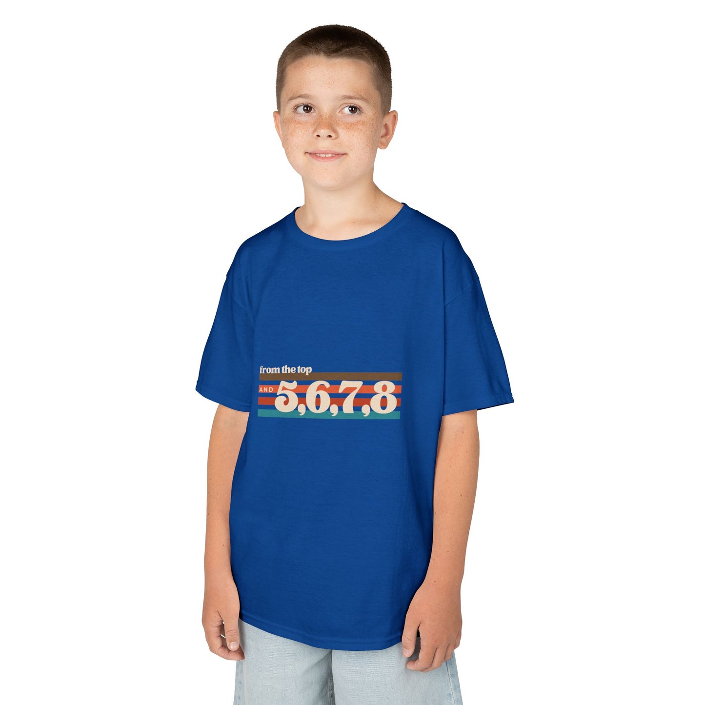 “From the Top and 5, 6, 7, 8” Youth Short Sleeve Tee – Retro Graphic Dance Shirt for Kids and Young Performers